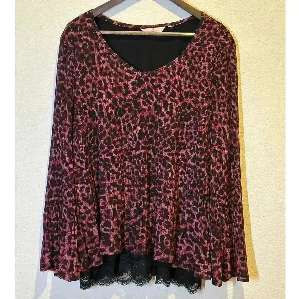 Laurie Felt Womens XL Leopard Print Tunic Top Black Lace Trim Detail Lagenlook‎